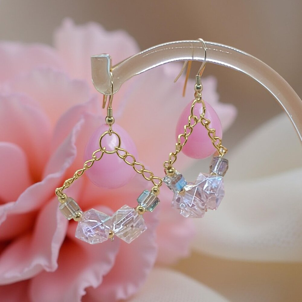 Fun Pink & Gold Fashion Earrings Irridescent Faceted Beads Valentines Handmade
